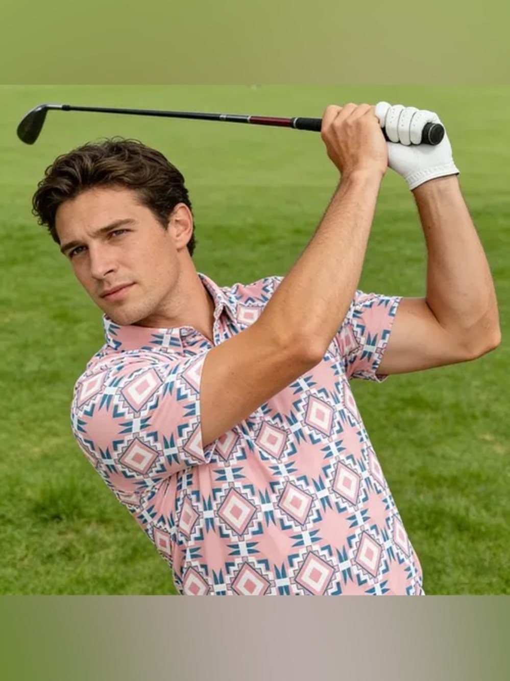 BAD BIRDIE Pink Geometric-Print Golf Polo